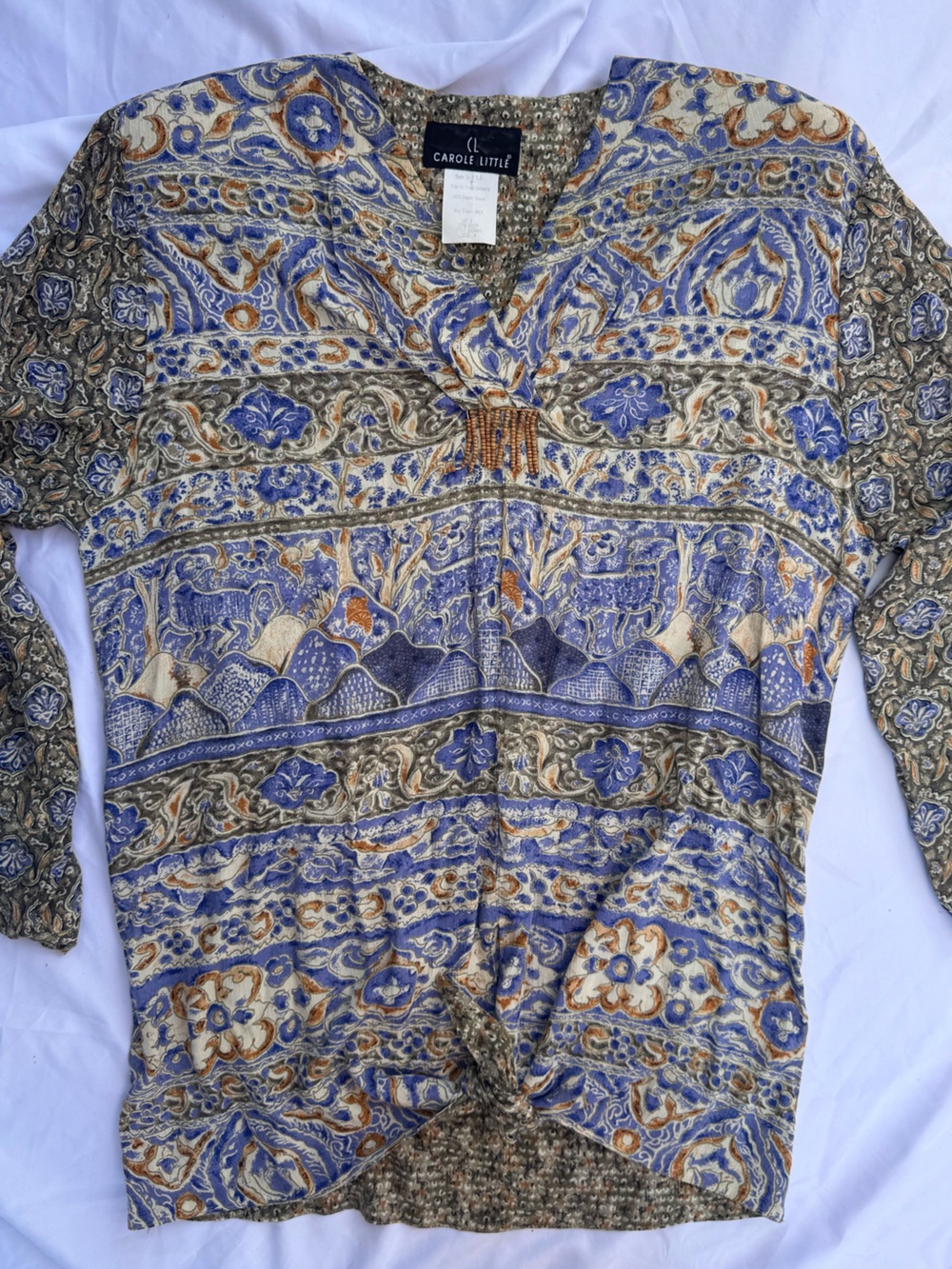 Vintage Carole Little Blue and Tan Paisley Blouse